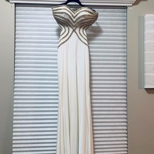 White prom dress with gold rhinestones